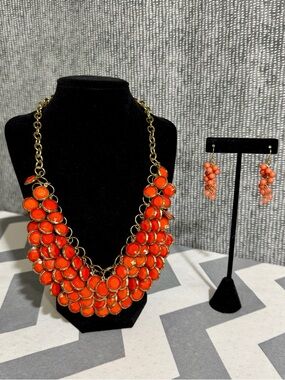 Orange Statement Necklace with Earrings